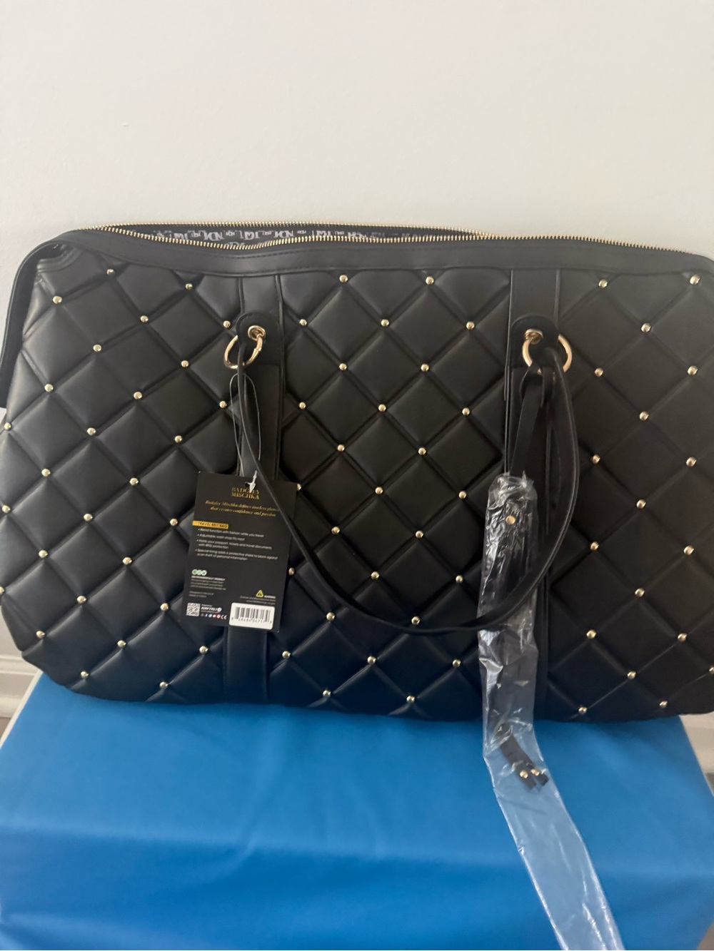 Badgley Mischka Black Quilted Travel Belt Bag with Gold Studs